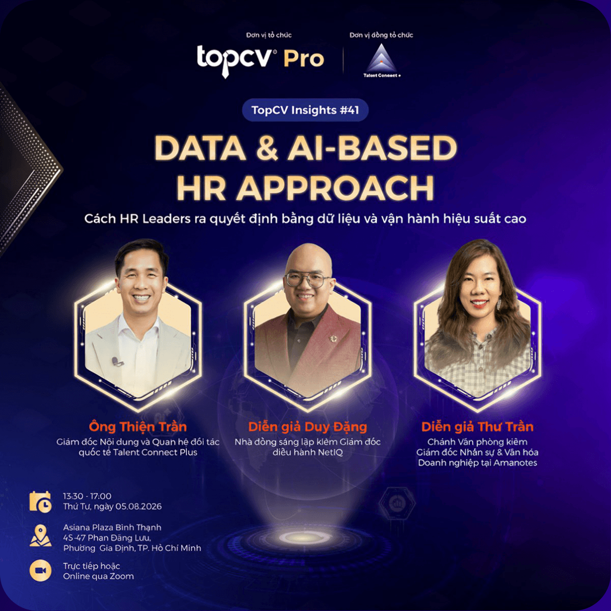 TopCV Insights #41 - Data & AI-Based HR Approach: Cách HR Leaders ra quyết định bằng dữ liệu và vận hành hiệu suất cao. Diễn giả: Ông Thiện Trần, Diễn giả Duy Đặng, Diễn giả Thư Trần.